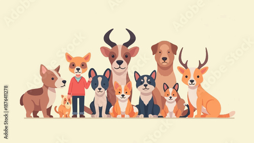 A diverse group of stylized animals, including dogs, a deer-like creature, and a humanoid figure, stand together
