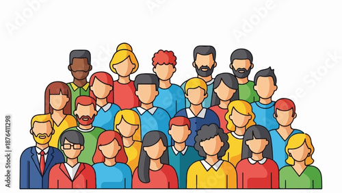 A diverse group of stylized people are crowded together in a cheerful, colorful illustration