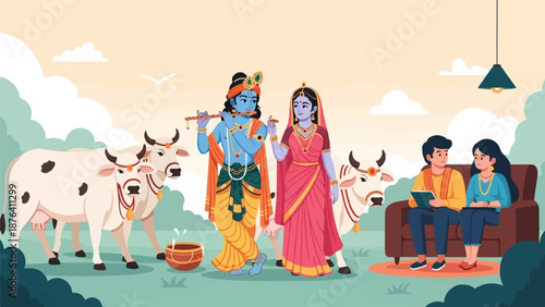 A divine couple plays flute near cows, while a modern couple sits on a sofa