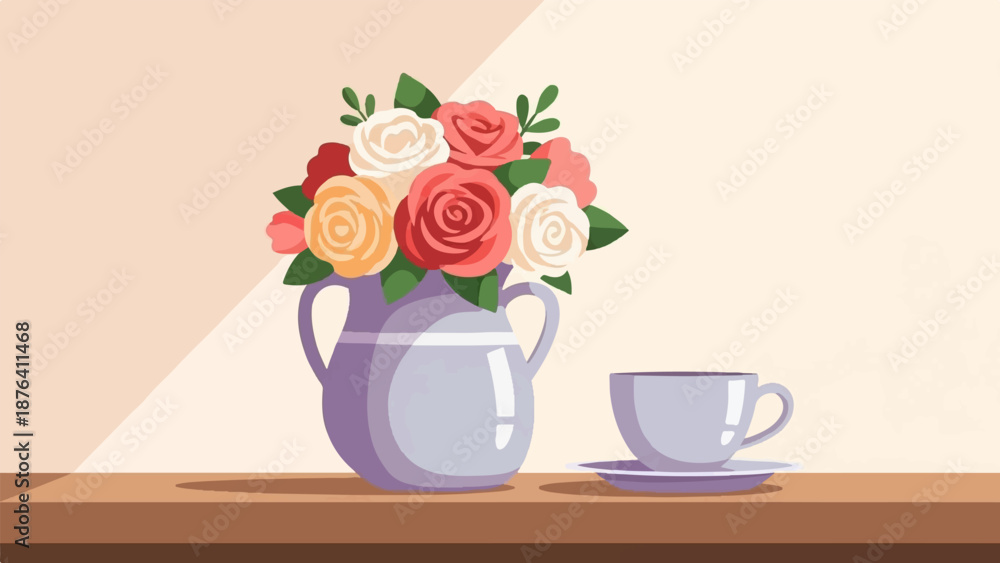 custom made wallpaper toronto digitalA pastel jug of roses sits on a wooden shelf next to a teacup and saucer