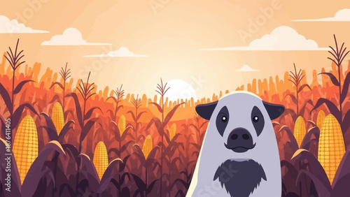 A panda stands in a cornfield at sunset with warm colors in the sky