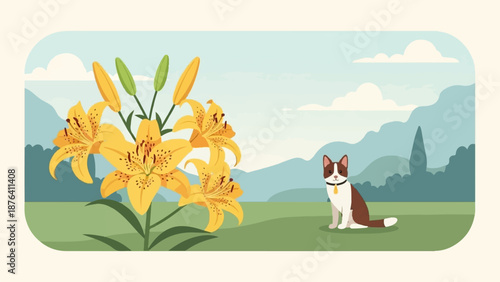 A charming illustration featuring a cat sitting in a grassy field near a bouquet of bright yellow lilies