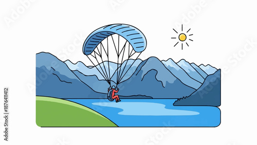 A paraglider soars over a serene blue lake with majestic, snow-capped mountains in the background under a bright sun