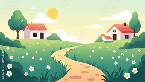 A charming illustration of a countryside landscape with rolling green hills, two houses, a winding path, and a friendly fox