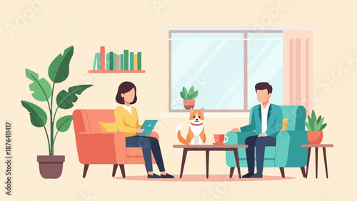 A cozy indoor scene shows two people, a dog, and plants in a living room