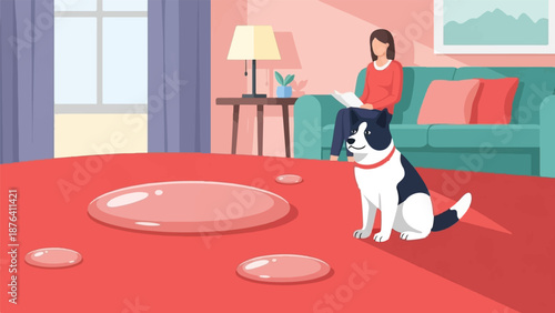 A dog sits on a red carpet with puddles, near a woman reading on a sofa