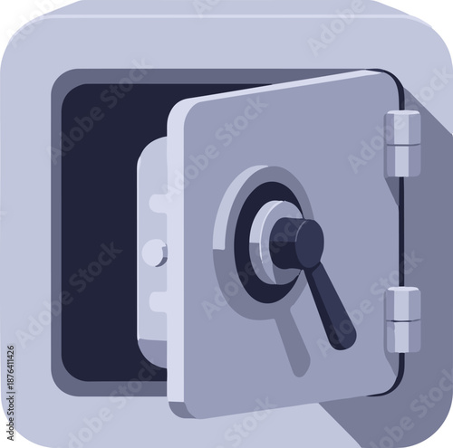 A partially open metallic safe with a locking mechanism and handle visible