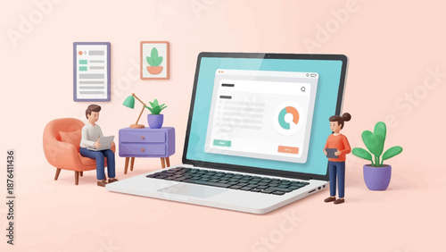 A cozy home office scene with two individuals engaged with technology and decor