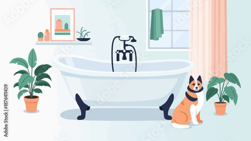 A dog sits patiently beside a vintage clawfoot bathtub in a cozy bathroom with plants