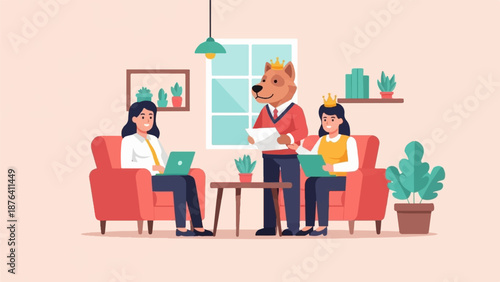 A dog wearing a crown presents documents to two women, one with a crown, in a room