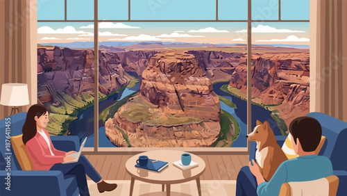 A cozy indoor scene with a stunning vista of a famous canyon and river bend