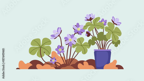A charming flat illustration of purple wildflowers growing in a pot and ground