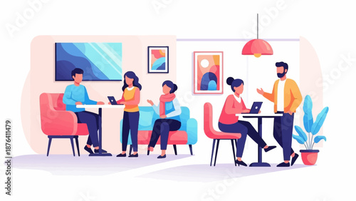 A cozy indoor scene with people working and conversing in a cafe setting