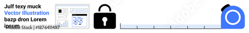Data protection, privacy measures, information security, cybersecurity, digital safety, secure access. Lock icon, document preview and tape measure. Data protection and privacy measures concept