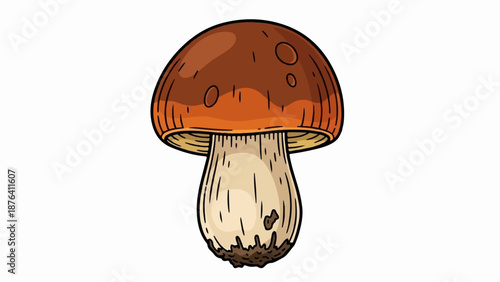 A drawing of a single mushroom with a brown cap and a thick white stem, set against a white background