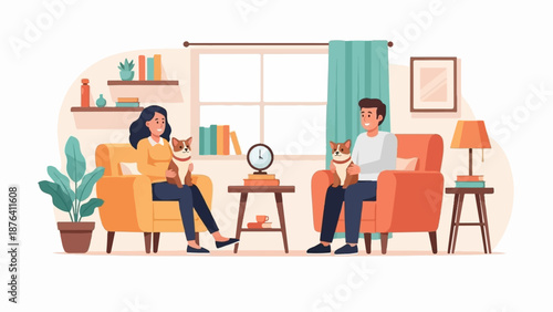 A cozy interior scene featuring a man and woman each holding a dog while seated in armchairs