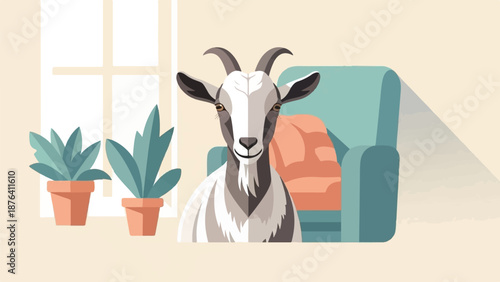 A domestic goat sits comfortably in an armchair, with potted plants by a window