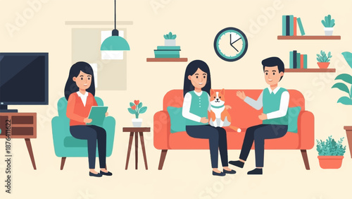 A cozy living room scene features a therapist, a couple, and their dog