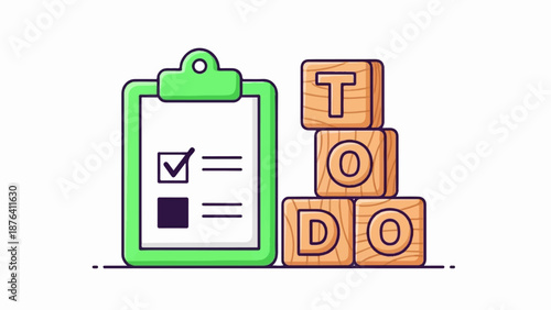 A clipboard with a to-do list and wooden blocks spelling "TODO" against a white background