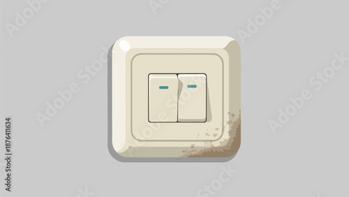 A dual light switch on a wall with slight discoloration and grime on the right edge