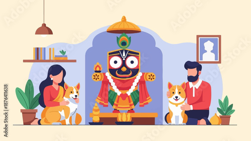A family celebrates a religious idol with their dogs, in a home setting