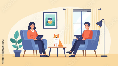 A cozy living room scene with a couple and their cat
