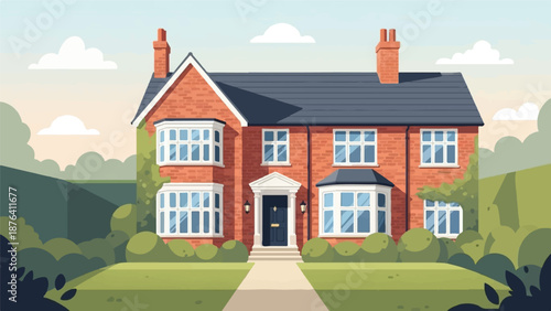 A charming brick house with a dark blue door and bay windows, surrounded by lush greenery under a cloudy sky