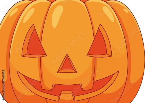A close-up, cartoonish illustration of a bright orange jack-o'-lantern with carved triangular eyes and a wide, grinning mouth
