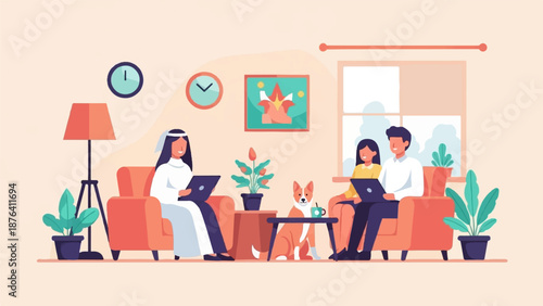 A cozy living room scene with a family and a dog, all using laptops