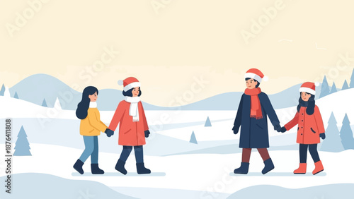 A family enjoys a winter day, walking hand-in-hand through a snowy landscape with festive hats