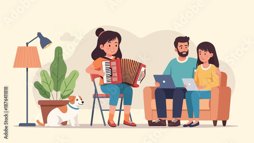 A family enjoys leisure time at home with music and technology