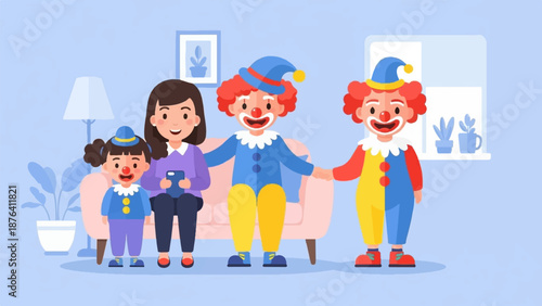 A family enjoys time together, with parents dressed as clowns and a child in costume