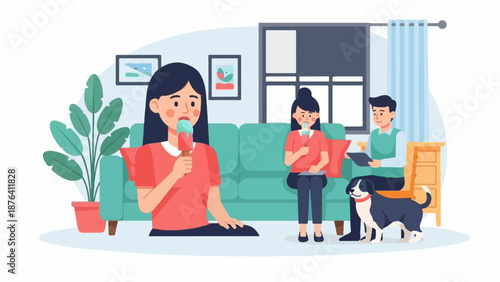 A family enjoys ice cream indoors with their dog, surrounded by home decor and plants