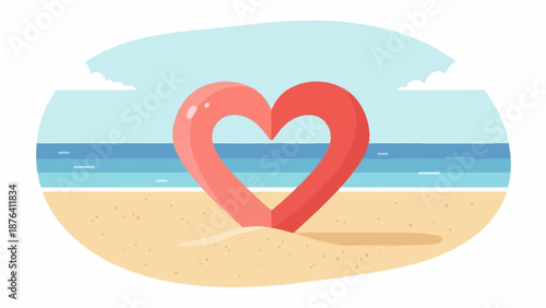 A large, glossy, red heart sculpture stands on a sandy beach with the ocean and sky in the background