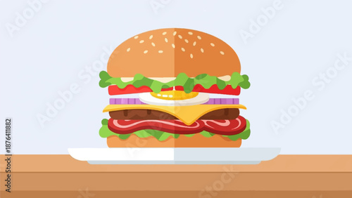 A large, layered hamburger with a sunny-side-up egg sits on a white plate