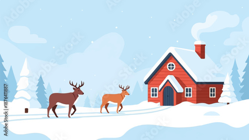 A cozy red house sits in a snowy landscape with two deer wandering by