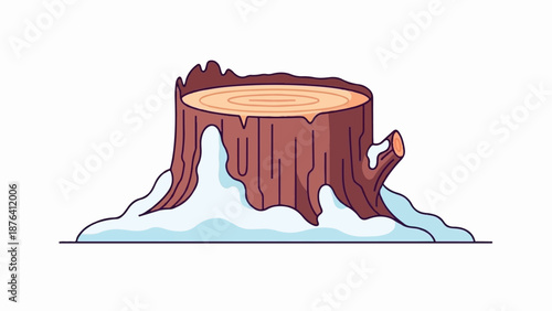 A cartoon tree stump stands partially buried in snow