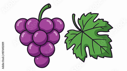 A cluster of vibrant purple grapes rests next to a fresh green vine leaf