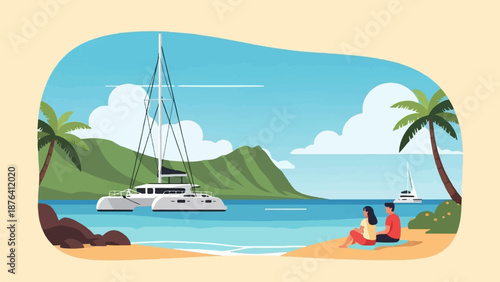 A couple relaxes on a tropical beach with a catamaran and sailboats in the turquoise bay