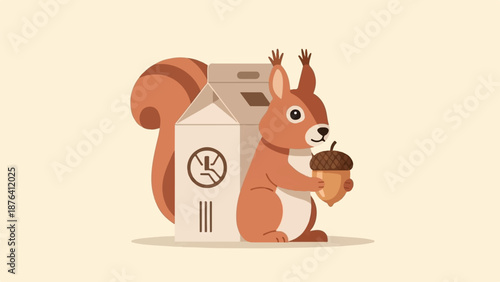 A cartoon squirrel holding an acorn next to a milk carton