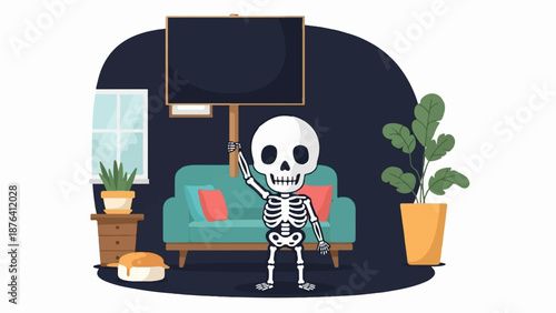 A cartoon skeleton holds a blank sign in a cozy room with plants