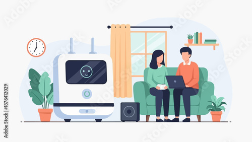 A couple relaxing at home, with a robot companion and a laptop, in a modern living room