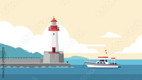 A coastal scene with a lighthouse and a boat under a pale yellow sky