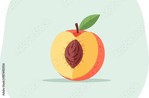 A cross-section of a ripe peach, revealing its vibrant yellow flesh and large brown pit