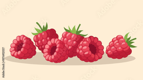 A cluster of vibrant red raspberries with green stems rests on a neutral background