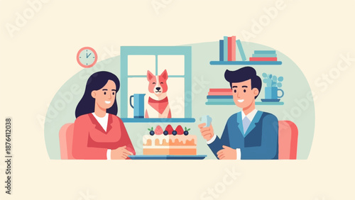 A couple shares a cake while a dog watches from the window