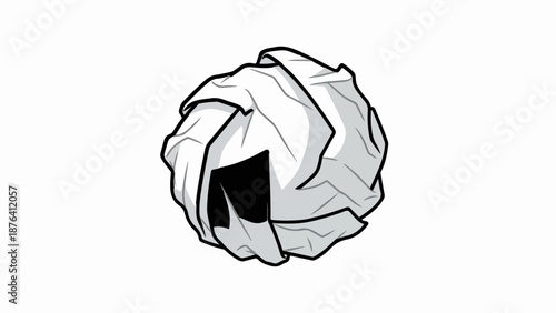 A crumpled ball of white paper with black outlines and gray shading, isolated on a white background