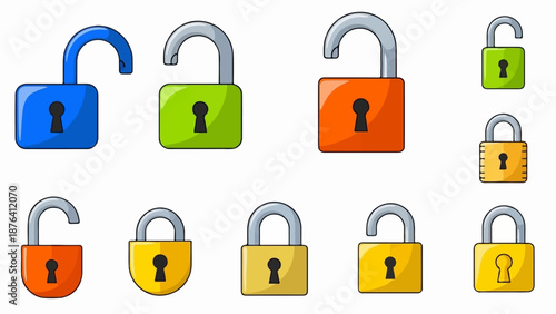 A collection of colorful cartoon padlocks in various open and closed states