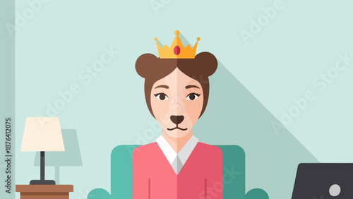 A crowned, anthropomorphic creature with canine features sits on a sofa, wearing a pink sweater, beside a laptop and lamp