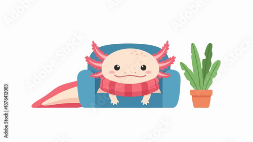 A cute axolotl wearing a scarf sits cozily in a blue armchair next to a potted plant